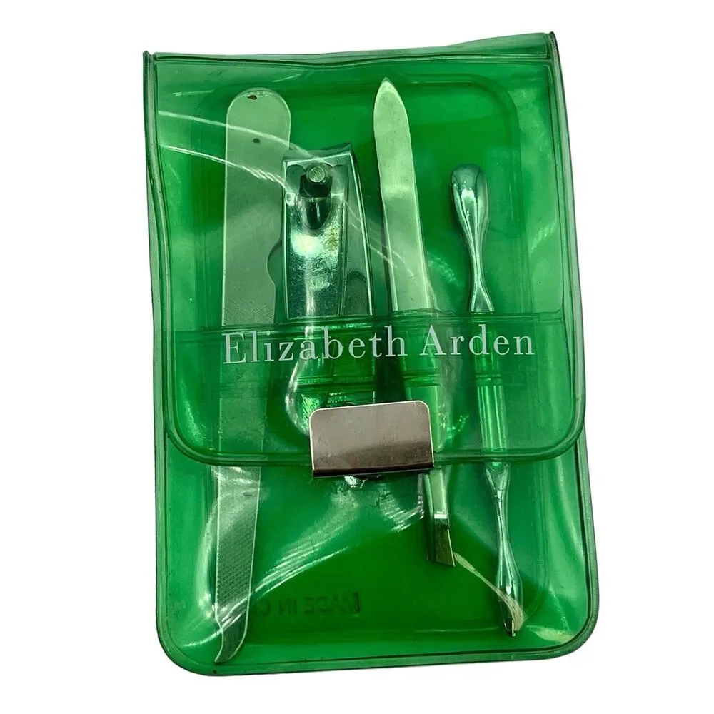 Vintage ELIZABETH ARDEN 4 Pieces Mini Manicure Nail Beauty Tavel Green Vinyl‎